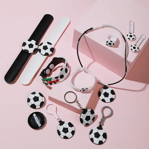 Euro-American PVC Soft Rubber Sporty Soccer Theme Kids Party Accessories Classic Geometric Pattern Bracelet Keychain Ring Brooch Bookmark Novelty Toy For Children Gathering Event Decoration