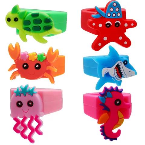 Cute Cartoon Marine Life PVC Soft Glue Toy Rings For Children Ocean Animal Sea Turtle Starfish Adjust Ring Kids Party Favors Gift Item