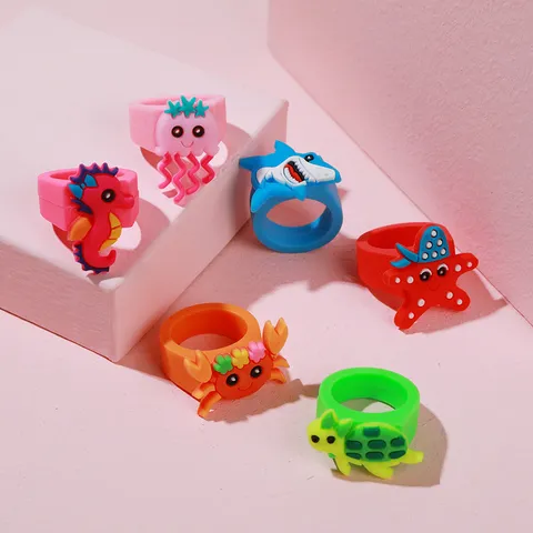 Cute Cartoon Marine Life PVC Soft Glue Toy Rings For Children Ocean Animal Sea Turtle Starfish Adjust Ring Kids Party Favors Gift Item