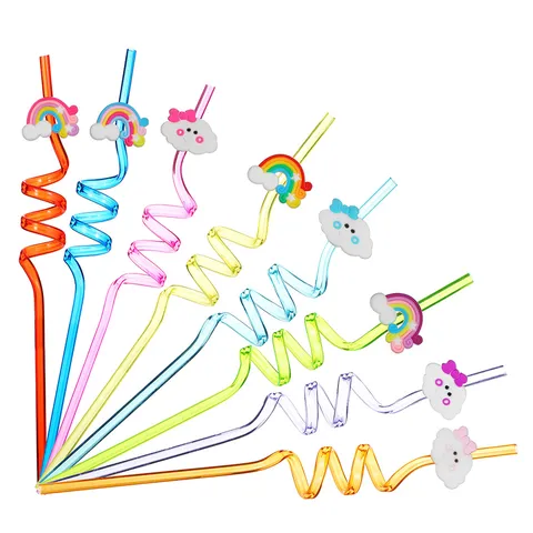 Pajitas Curvadas en Espiral de Nube Arcoíris de Dibujos Animados Pajitas de PET Reutilizables Con Adornos de PVC para Fiesta de Cumpleaños de Niños