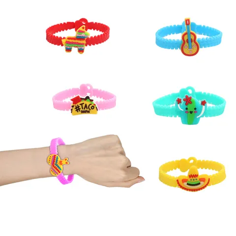 Kinder Cartoon Mexikanisches Thema PVC Weichgummi Armband Kinder Party Geschenk Süße Kaktus Gitarre Maracas Design Verstellbares Armband
