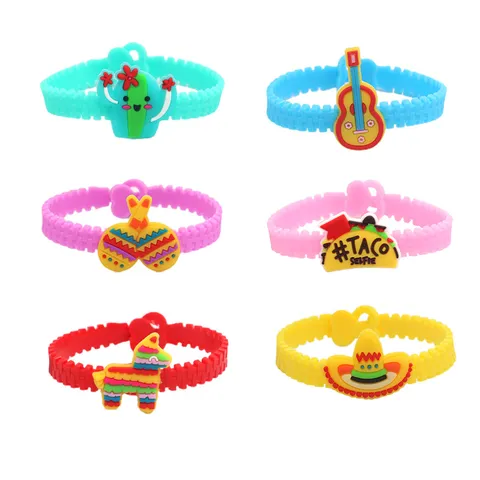 Kinder Cartoon Mexikanisches Thema PVC Weichgummi Armband Kinder Party Geschenk Süße Kaktus Gitarre Maracas Design Verstellbares Armband