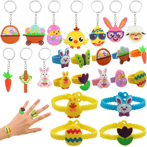 Cadeaux de Fête de Pâques pour Enfants Cartoon PVC Porte-clés Bague Bracelet Épingle à Cheveux Marque-page Broche Chouchou Ensemble de Cadeaux de Jouets de Vacances