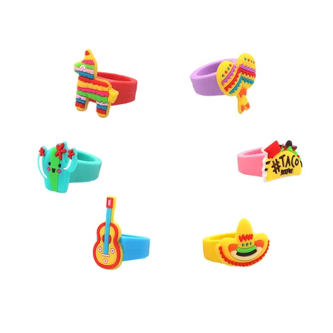 Kinder Cartoon PVC Weiche Gummiringe Mexikanischer Stil Kaktus Hut Gitarre Spielzeug Fingerring Party Geschenk Schmuck Für Kinder