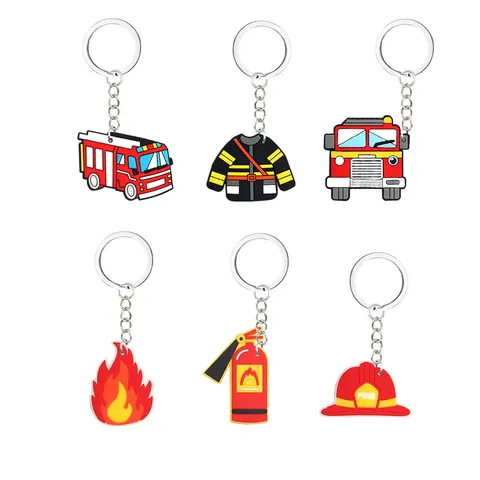 Lindo Llavero de Goma Suave de PVC de Bombero de Dibujos Animados Camión Casco Extintor Anillo Colgante de Mochila