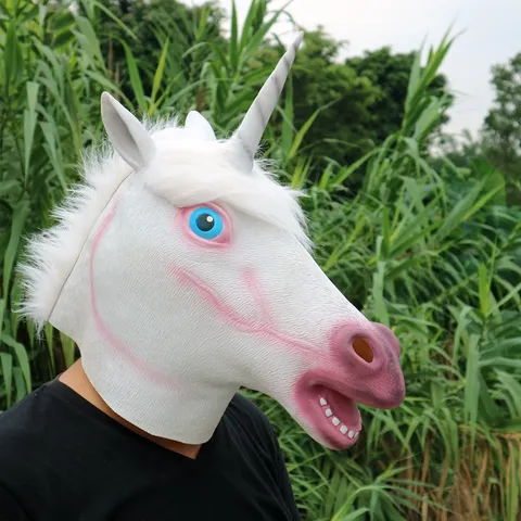 Halloween Latex Unicorn Mask Realistic Animal Headgear Funny Costume Prank Party Prop White Horse Mask For Adults