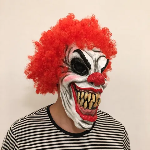 Latex Horror Clown Mask With Red Curly Hair Scary Creepy Costume Scary Props For Halloween Party Cosplay Adults