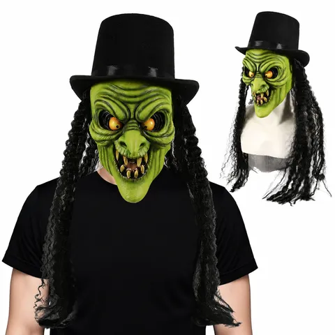 Halloween Simulation Old Witch Mask Horror Scary Long Hair Green Face Latex Mask Party Cosplay Costume Prop Festival Decor