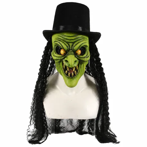 Halloween Simulation Old Witch Mask Horror Scary Long Hair Green Face Latex Mask Party Cosplay Costume Prop Festival Decor