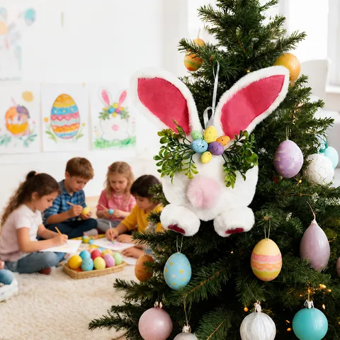 Easter Bunny Wreath Plush Rabbit Garland with Easter Eggs Green Leaves Spring Hanging Decor for Front Door Party