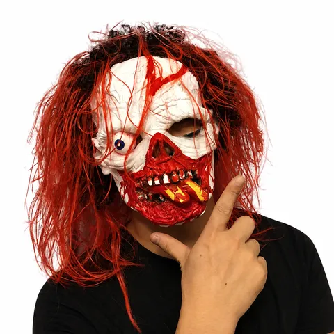 Halloween Máscara de Cara de Fantasma Aterradora con Peluca Roja Larga Sombrerería de Disfraz de Látex Espeluznante para Fiesta de Cosplay Mascarada