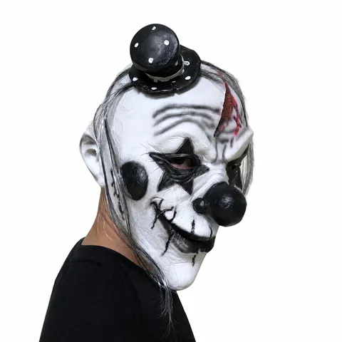 Halloween Horror Evil Clown Mask With Black Hat And Gray Hair Latex Scary Costume Prop For Party Masquerade Cosplay