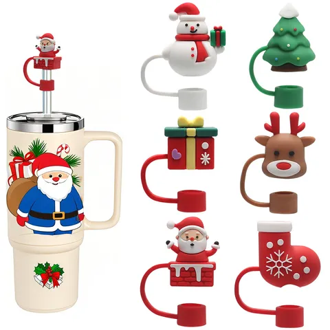 Christmas Straw Covers Silicone Reusable Straw Tips Cap Dust-Proof Straw Plugs Party Decoration Drinking Straw Accessories