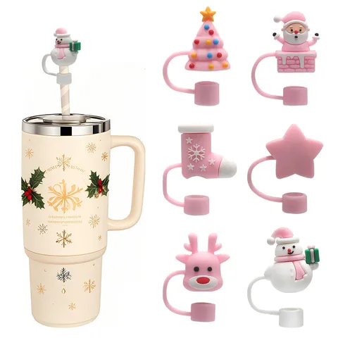 Christmas Straw Covers Silicone Reusable Straw Tips Cap Dust-Proof Straw Plugs Party Decoration Drinking Straw Accessories