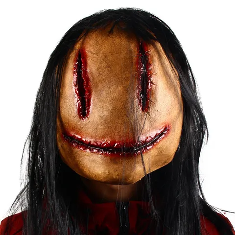 Halloween Horror Bloody Face Stitched Female Ghost Latex Mask Creepy Long Hair Scary Costume Party Prop