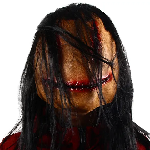 Halloween Horror Bloody Face Stitched Female Ghost Latex Mask Creepy Long Hair Scary Costume Party Prop