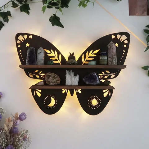 Wooden Luna Moth Crystal Shelf LED Backlit Wall Hanging Display Stand Essential Oil Storage Rack Home Decor