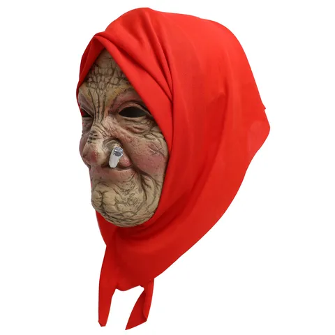 Máscara de Anciana de Látex de Halloween Casco de Señora Mayor Fumadora aterradora con Pañuelo Rojo Máscara de Fiesta de Disfraces Divertida