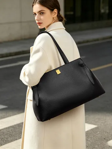 Damen Große Kapazität Tote Bag PU Leder Pendler Handtasche Casual Umhängetasche Mit Metallschloss Und Seitlichem Banddesign