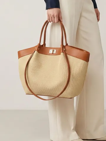 Bolso Tote de Lujo de Estilo Francés para Mujer Color de Contraste Cuero PU Patrón Tejido Gran Capacidad Bolso de Mano Con Cierre de Giro Metálico