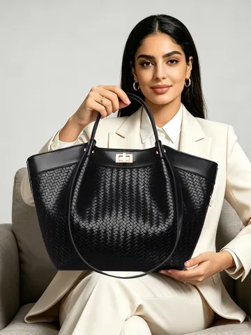Bolso Tote Trenzado de Cuero PU Minimalista de Estilo Francés Elegante Cierre de Bloqueo Doble Asa Gran Capacidad Bolso de Mano para Mujer
