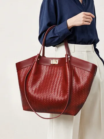 Bolso Tote Trenzado de Cuero PU Minimalista de Estilo Francés Elegante Cierre de Bloqueo Doble Asa Gran Capacidad Bolso de Mano para Mujer