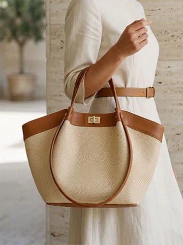 Bolso Tote de Lujo de Estilo Francés para Mujer Color de Contraste Cuero PU Patrón Tejido Gran Capacidad Bolso de Mano Con Cierre de Giro Metálico