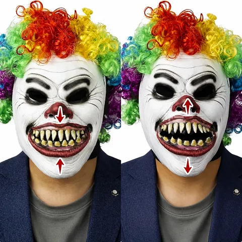 Scary Clown Latex Full Head Mask With Wig Movable Mouth Creepy Horror Mask For Halloween Cosplay Costume Party