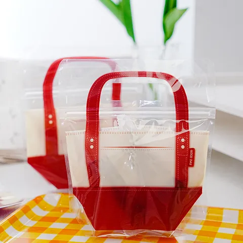 Fashion Clear Plastic Mother's Day Gift Bag Handbag Design Zipper Seal Packaging Bag For Cookies Candy Favors Red Patchwork Tote Gift Wrap Bag