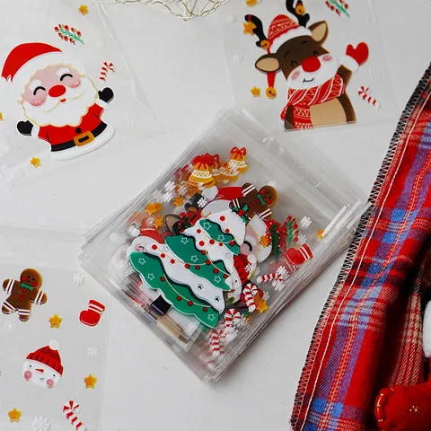 Christmas Cartoon Print Plastic Self Adhesive Bag Translucent Cookie Candy Package Gift Wrap Pouch For Holiday Baking Treats Party Supplies