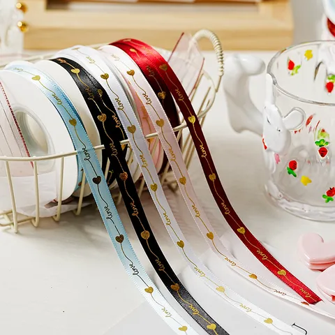 Nastro di Raso Rotolo Cuore Amore Dorato Nastro per Confezioni Regalo Decorazione Pasticceria Mazzi di Fiori Fai da Te Accessori