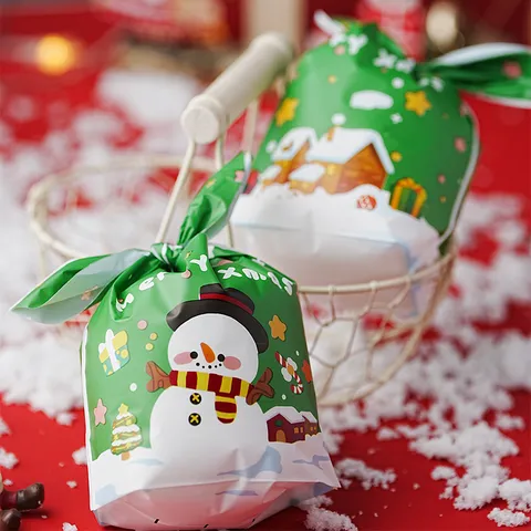 Christmas Plastic Candy Bags Cartoon Snowman Pattern Rabbit Ear Treats Bags Green Gift Self Tie Food Packaging Bags
