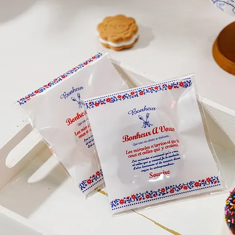 Minimalist French Vintage Self-Adhesive Gift Bags Plastic Transparent Letters Pattern Packaging Pouch for Cookie Bakery Treat Party Supplies