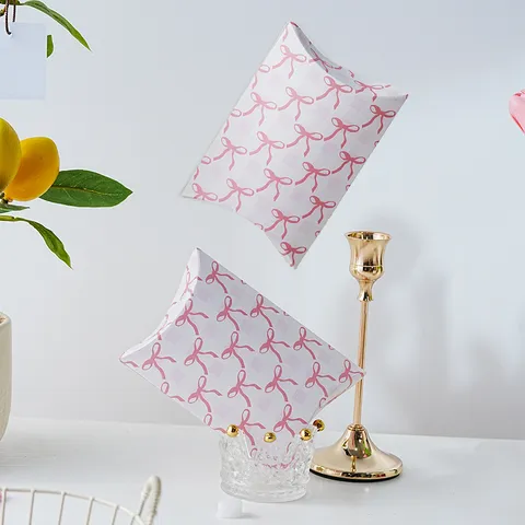 French Romantic Paper Gift Box Pink Bowknot Plaid Pillow Box For Cookie Biscuit Candy Gift Packaging Wrapping Party Supply Box