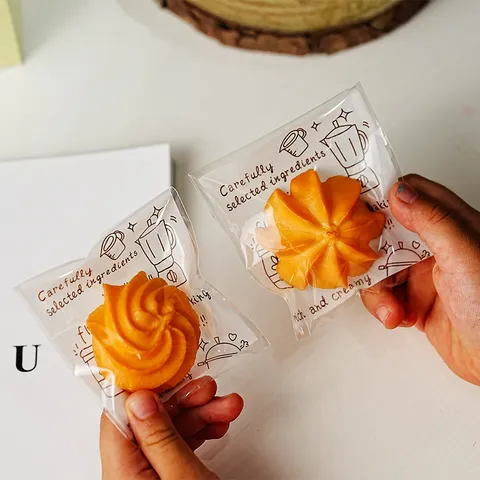 Ins Style Transparent OPP Plastic Self Adhesive Cookie Packing Bag Carefully Selected Ingredients Cartoon Printed Self-Sealing Baking Treat Packaging Bag For Nougat Pastry Gift Biscuits Homemade Bakery