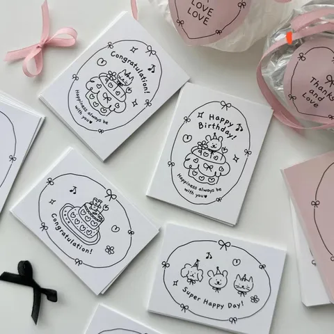 Biglietti di Auguri Minimalisti Bianco Nero Disegnati a Mano Auguri Compleanno Torta Fiore Regalo Messaggio Biglietti per Decorazione Festa