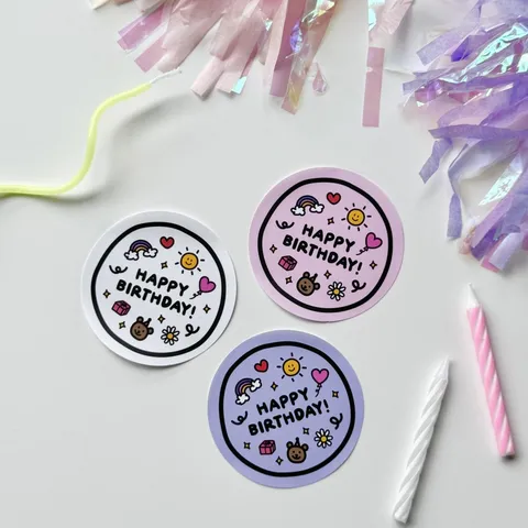 Cute Cartoon Happy Birthday Stickers Round Gift Packaging Sealing Labels Paper Bear Rainbow Birthday Party Decor