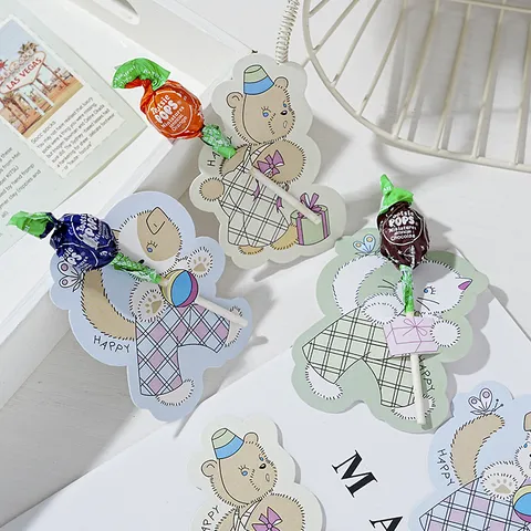 Lindas Tarjetas de Papel de Piruleta de Gato de Oso de Dibujos Animados Decoración de Caramelos de Fiesta de Niños Tarjetas de Regalo para Estudiantes de Escuela de Jardín de Infancia
