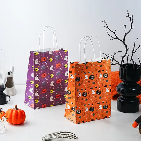 Halloween Paper Gift Bag Handle Treat Tote Bags Cartoon Pumpkin Ghost Bats Spiderweb Print Festival Candy Goodie Bags Party Favors Supplies