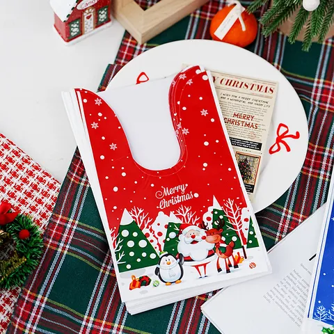Cute Christmas Rabbit Ear Plastic Candy Bags Festive Cartoon Print Food Packing Bags For Cookie Snowflake Crisp Treats Gifts Packaging