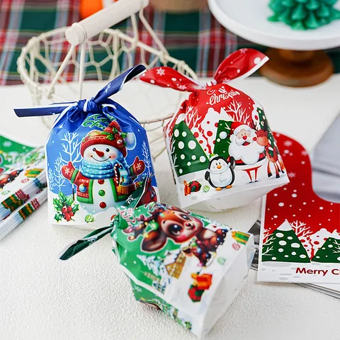 Cute Christmas Rabbit Ear Plastic Candy Bags Festive Cartoon Print Food Packing Bags For Cookie Snowflake Crisp Treats Gifts Packaging