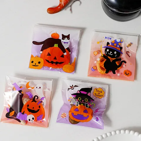 Halloween Plastic Packaging Bag Cute Cartoon Pumpkin Black Cat Ghost Trick Or Treat Printed Cookie Biscuits Gift Jewelry Storage Bag