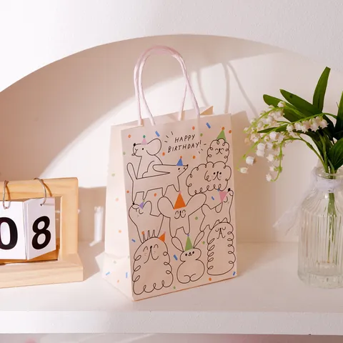 Ins Style Happy Birthday Paper Gift Bag With Handle Cute Cartoon Dog Print Sweet Pink Handheld Wrapping Treats Party Favor Goodie Paper Tote Bag