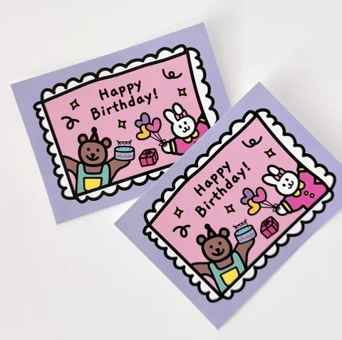Cute Cartoon Bear Rabbit Stamp Shaped Happy Birthday Greeting Card Art Paper Digital Printed Gift Message Blessing Card for Party