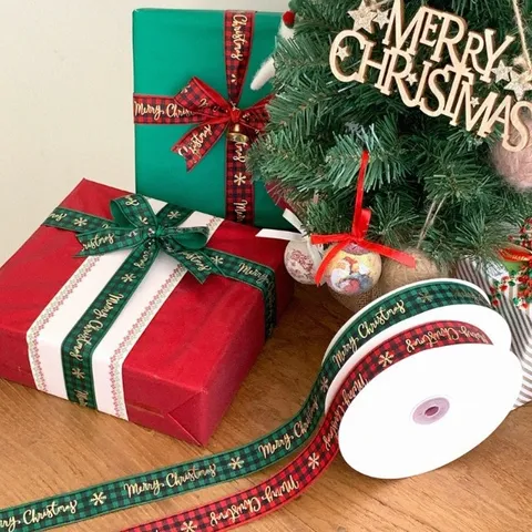 Christmas Plaid Ribbon Metallic Gold Stamping Snowflake Reindeer Decorative Webbing For Gift Wrapping Merry Christmas Party Ribbon Decor