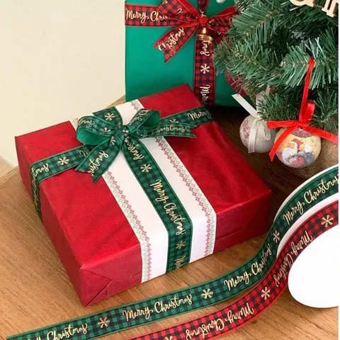 Christmas Plaid Ribbon Metallic Gold Stamping Snowflake Reindeer Decorative Webbing For Gift Wrapping Merry Christmas Party Ribbon Decor