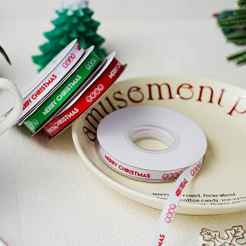Christmas Polyester Ribbon Printed Merry Smiley Face Letter Grosgrain Ribbon For Gift Box Packaging DIY Craft Festive Decoration Ribbon