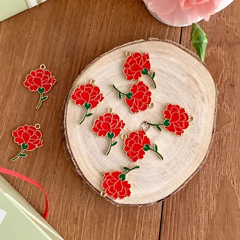 Stainless Steel Carnation Flower Charms Pendants Painted Enamel Plant Floral Pendant Tag Accessories For Mothers Day Gift Decoration Handmade Crafting Jewelry Findings