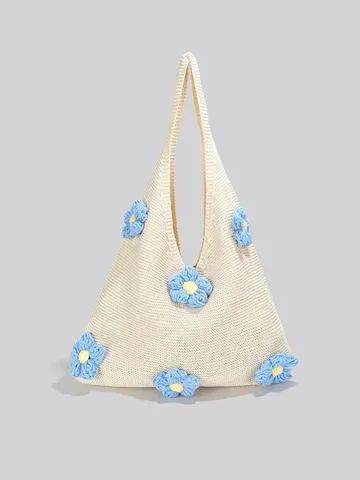Große Kapazität Handgewebte Tragetasche Für Damen Lässige Tägliche Baumwollstrick Umhängetasche Blumenverzierte Einkaufstasche