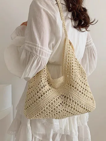 Bolso Tote Tejido de Paja para Mujer Estilo Literario Vintage Vacaciones en la Playa Bolso de Hombro Gran Capacidad Hobo Casual